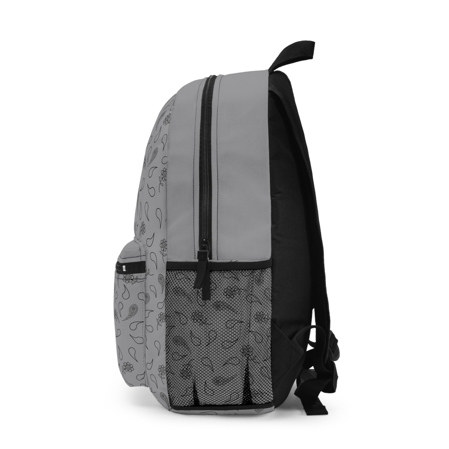 Backpack - Black Paisley and Floral Print on Grey by Lynn Salem Creates