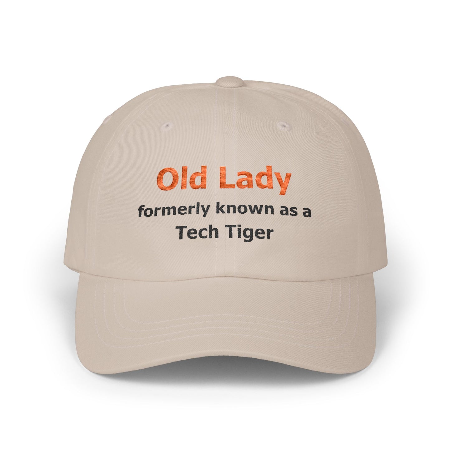 Tech HS - Embroidered Hat - Old Lady formerly known as a Tech Tiger (orange/black text) by Lynn Salem Creates