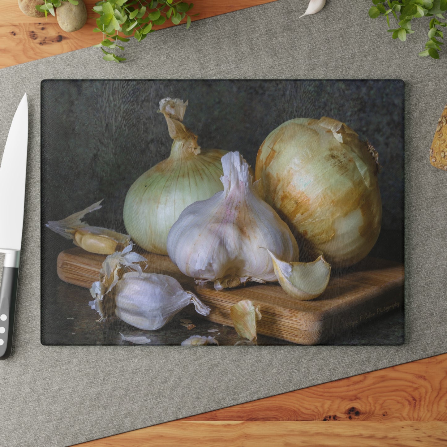 Glass Cutting Board - Sweet Onions and Garlic by Lynn Salem Creates