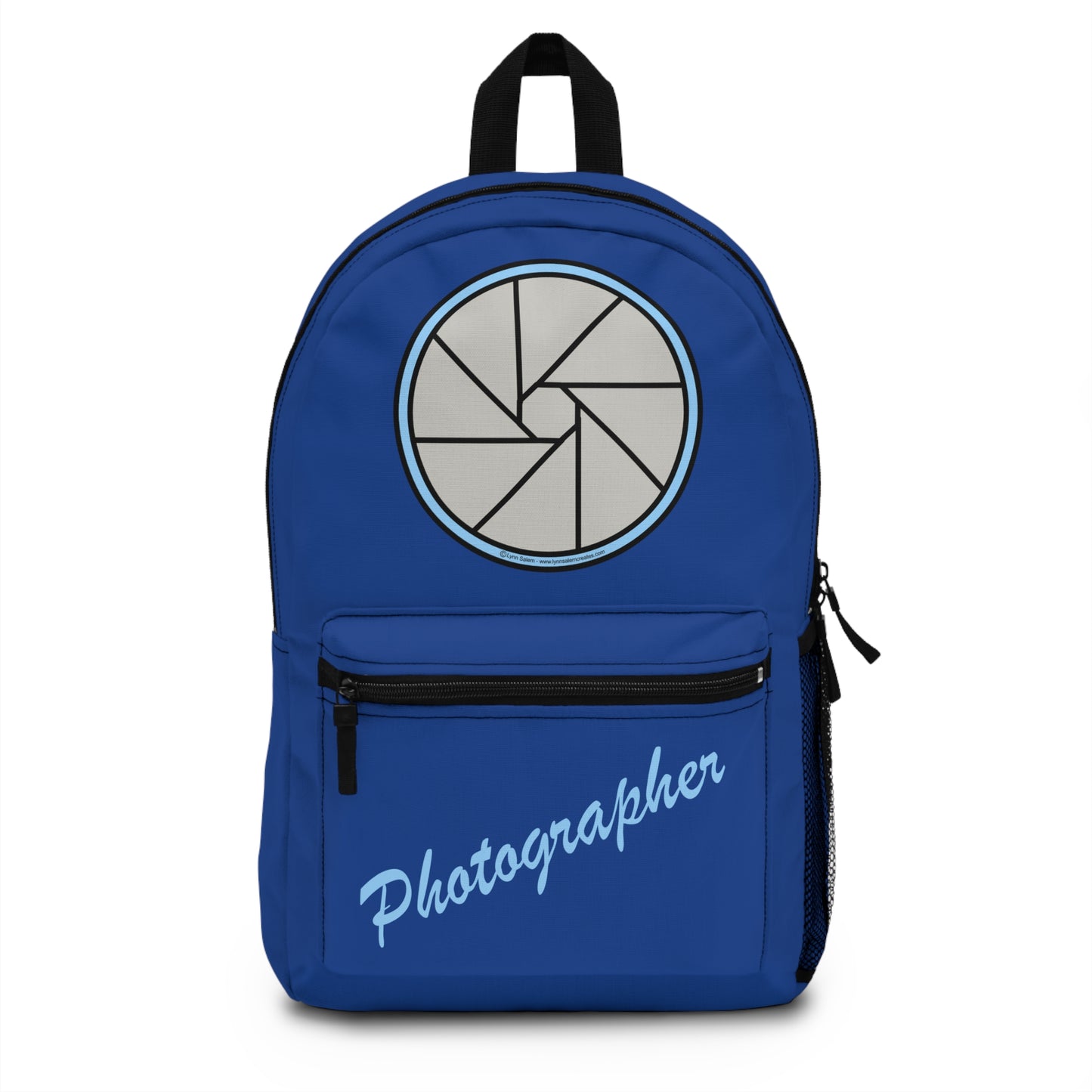 Backpack – Photographer with Camera Shutter on Blue by Lynn Salem Creates