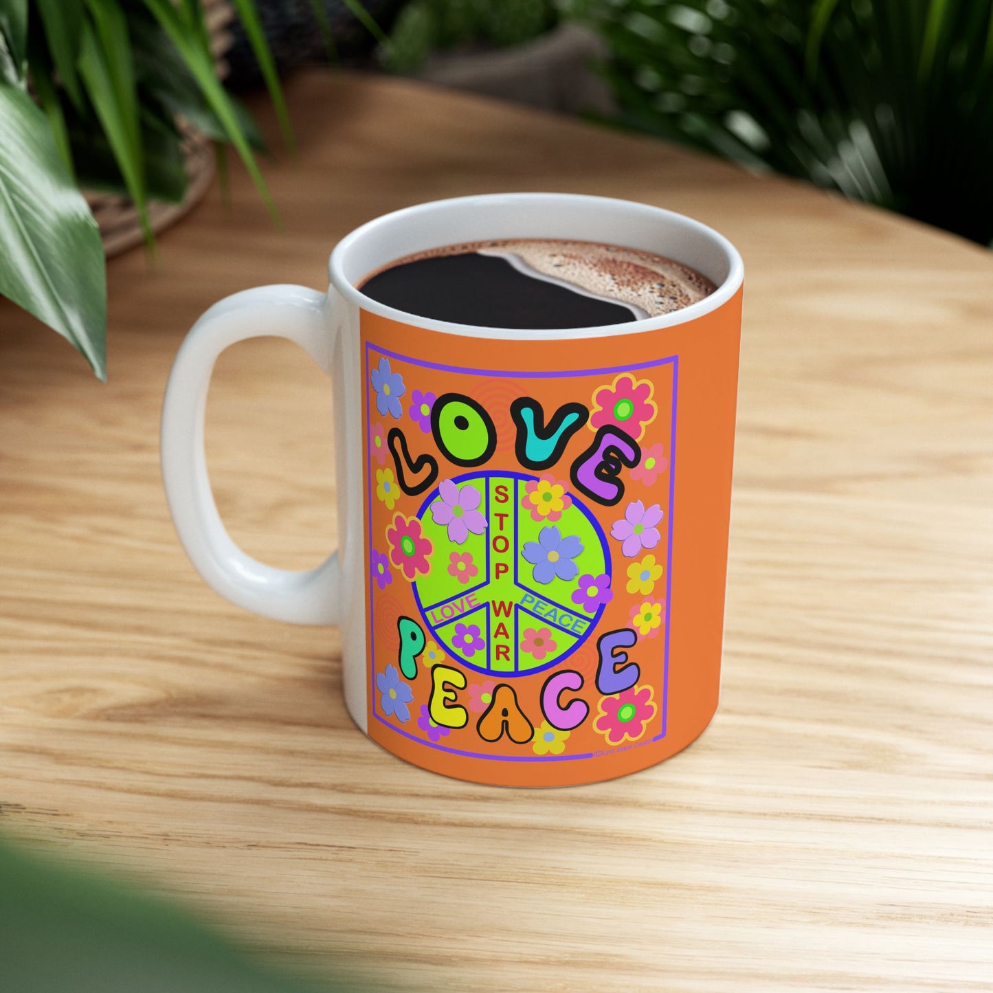 Ceramic Mug, (11oz, 15oz) - Love and Peace - Orange