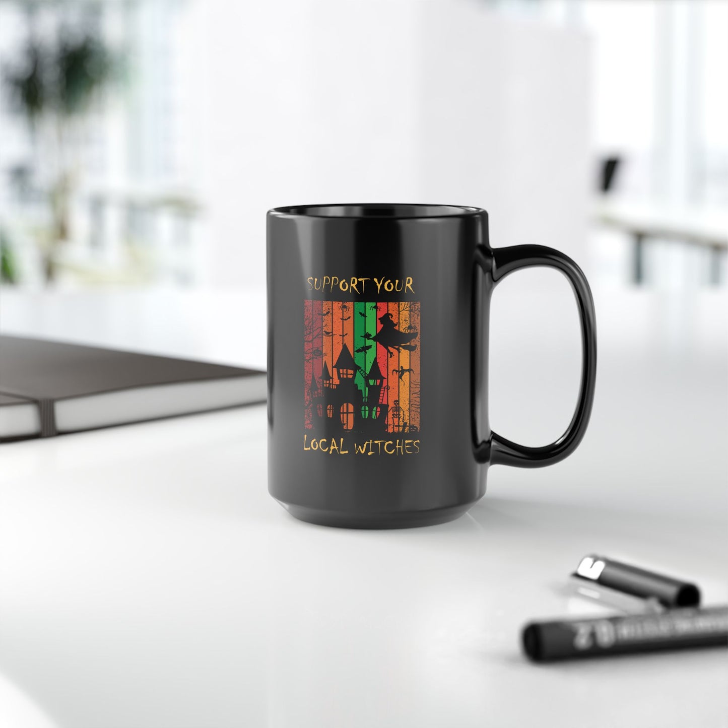 Ceramic Mug (11oz, 15oz) Black - Halloween - Support Your Local Witches (Black) by Lynn Salem Creates