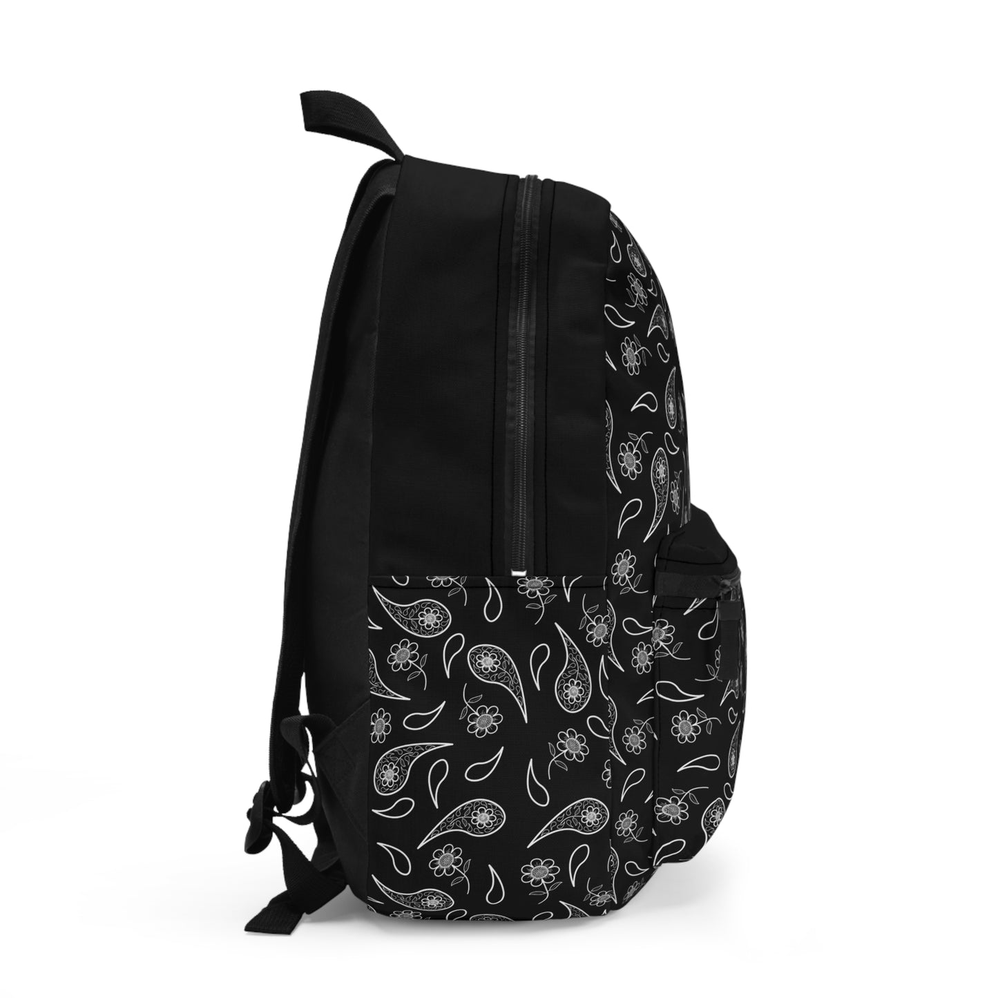 Backpack - White Paisley and Flower Print on Black by Lynn Salem Creates