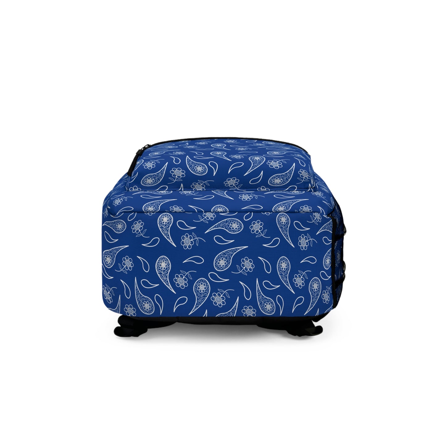 Backpack - White Paisley and Flower Print on Blue by Lynn Salem Creates