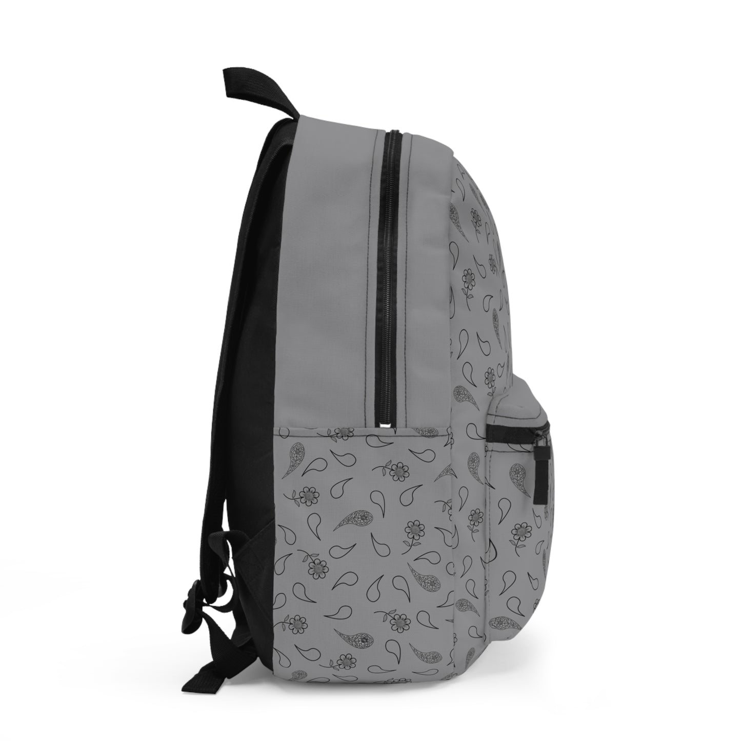 Backpack - Black Paisley and Floral Print on Grey by Lynn Salem Creates