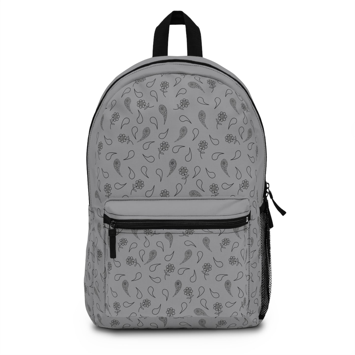 Backpack - Black Paisley and Floral Print on Grey by Lynn Salem Creates