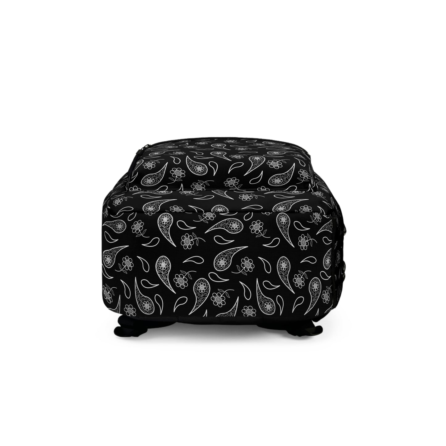 Backpack - White Paisley and Flower Print on Black by Lynn Salem Creates