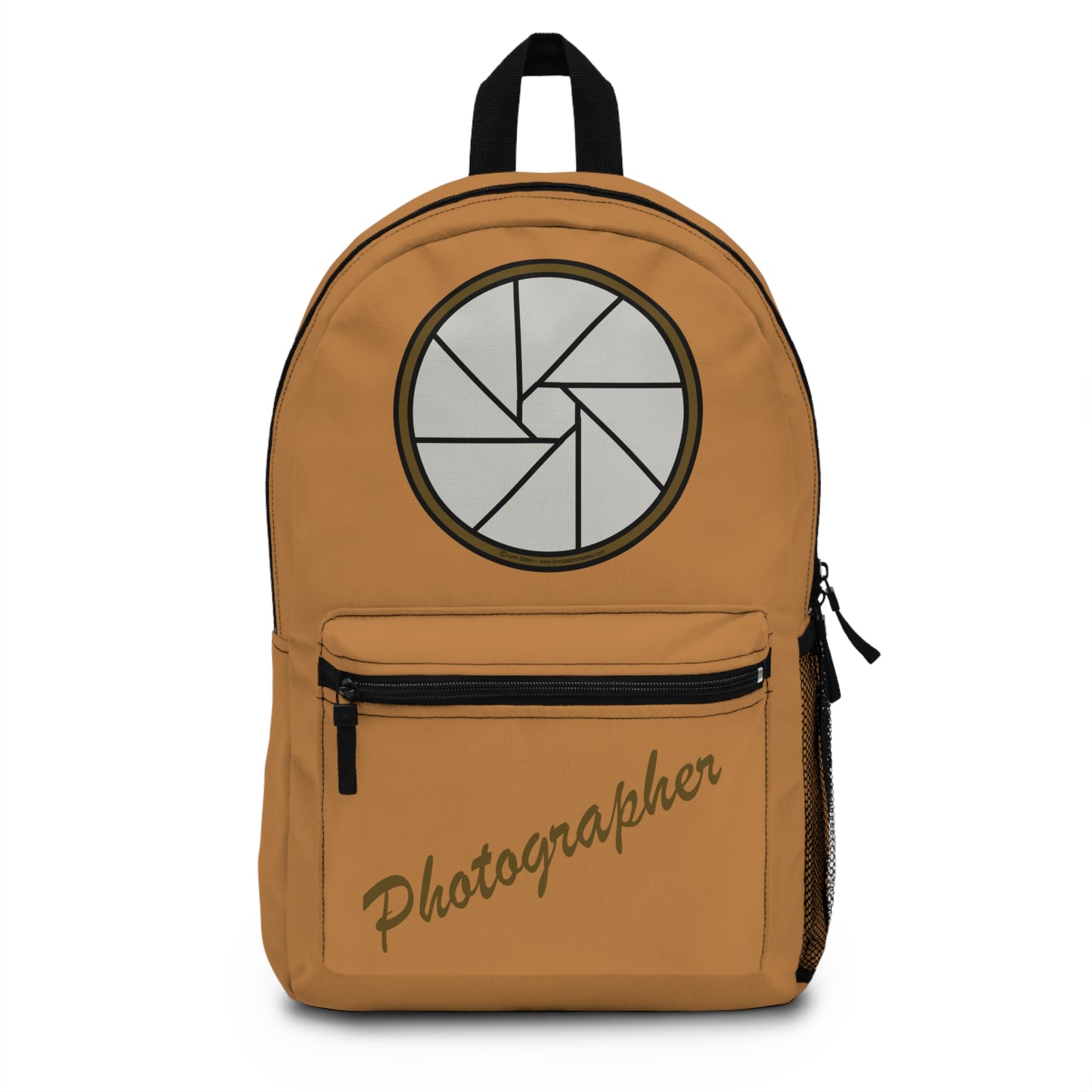 Backpack – Photographer with Camera Shutter on Light Brown by Lynn Salem Creates