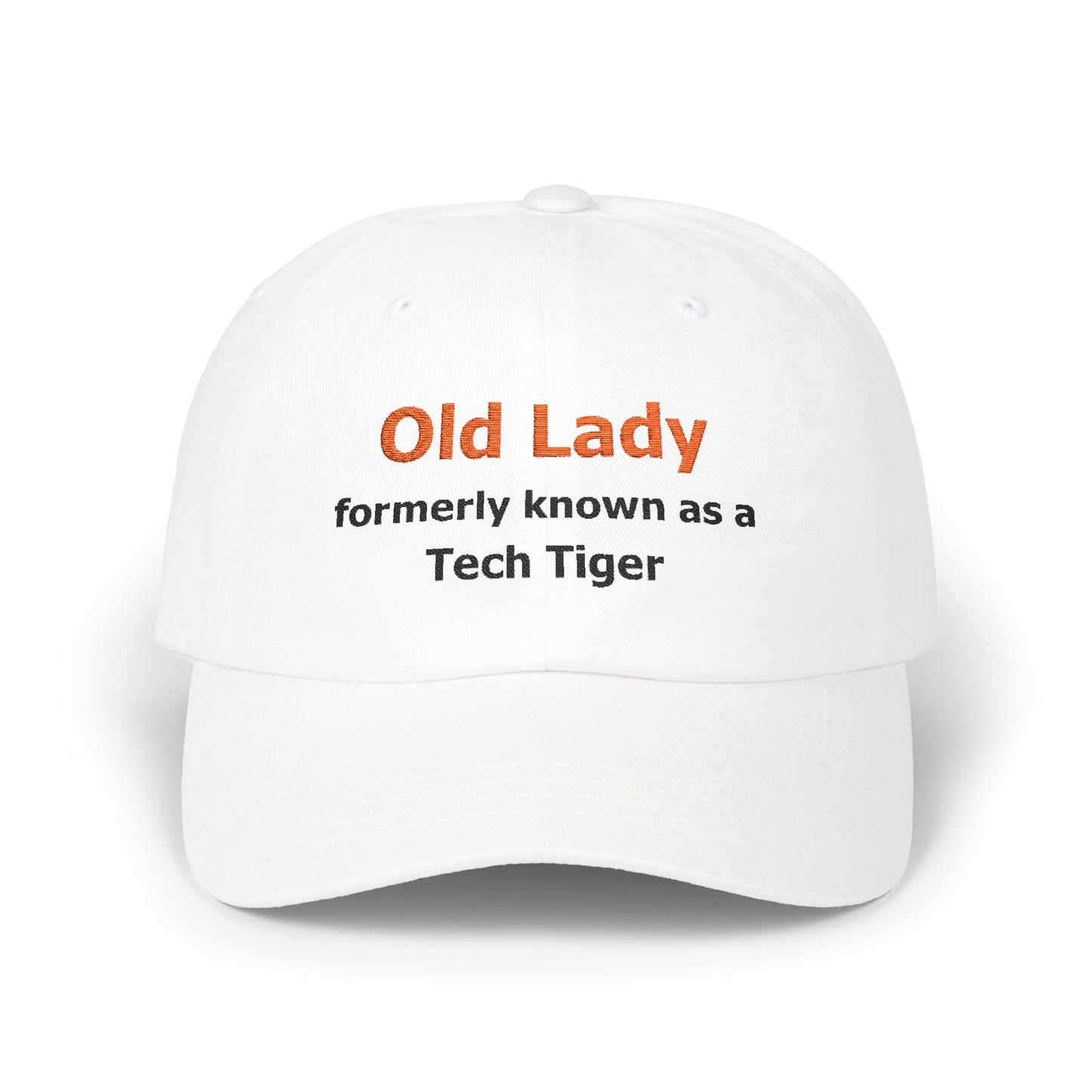 Tech HS - Embroidered Hat - Old Lady formerly known as a Tech Tiger (orange/black text) by Lynn Salem Creates