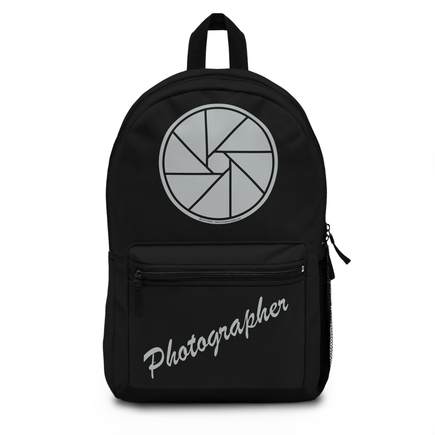 Backpack – Photographer with Camera Shutter on Black by Lynn Salem Creates