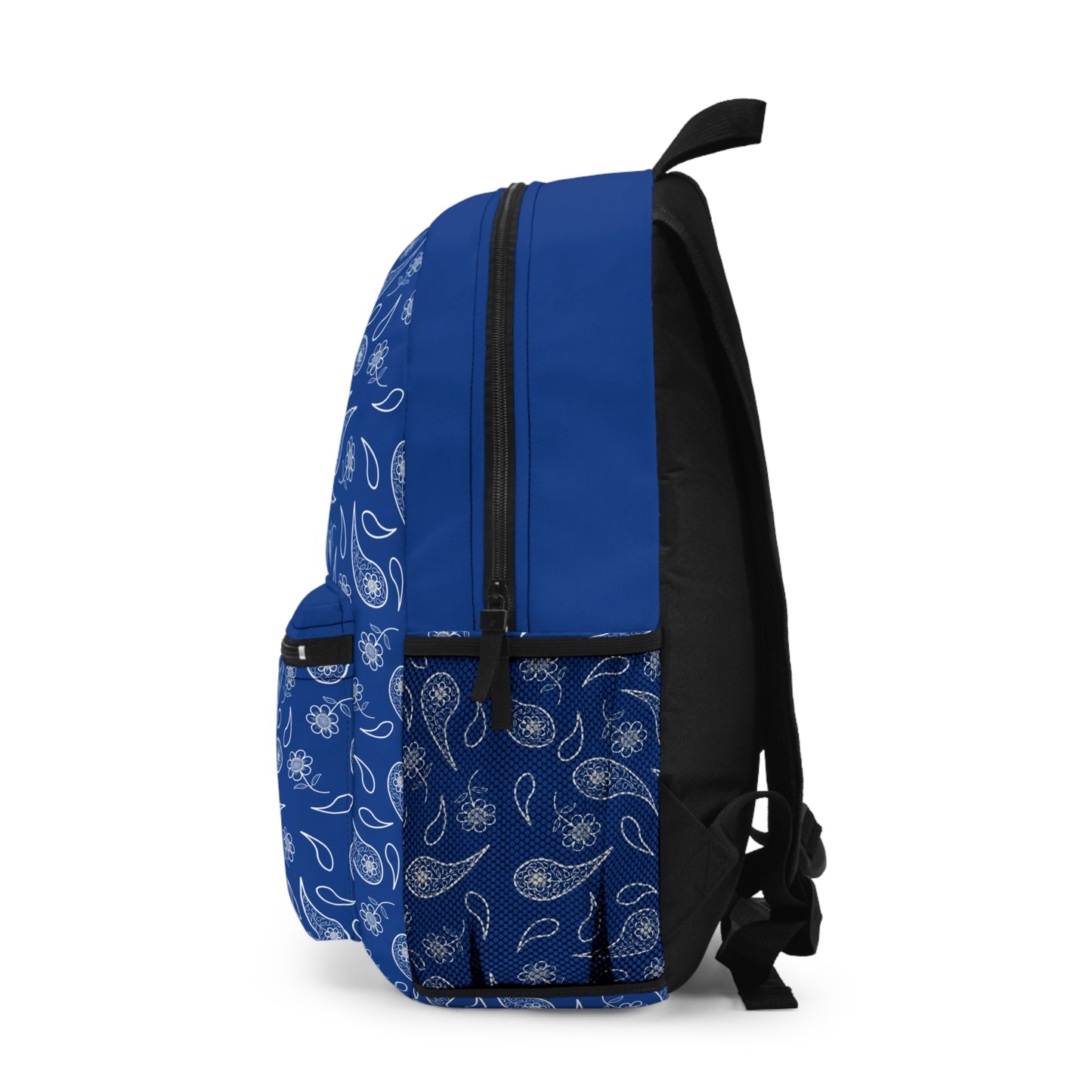 Backpack - White Paisley and Flower Print on Blue by Lynn Salem Creates
