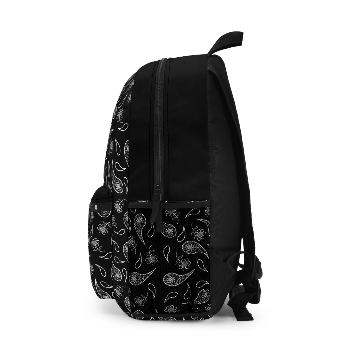 Backpack - White Paisley and Flower Print on Black by Lynn Salem Creates