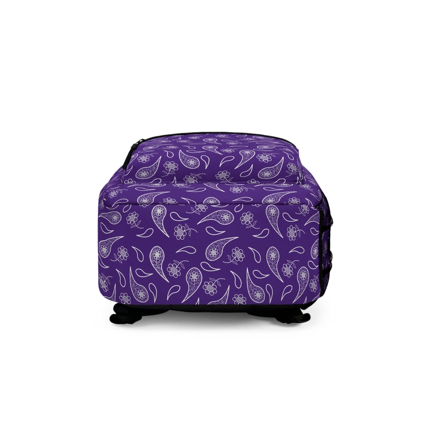 Backpack - White Paisley and Flower Print on Purple by Lynn Salem Creates