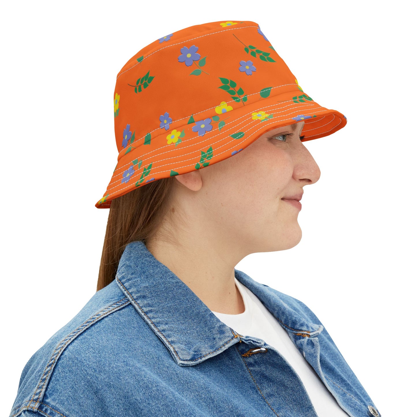 Orange Floral Design Bucket Hat by Lynn Salem Creates