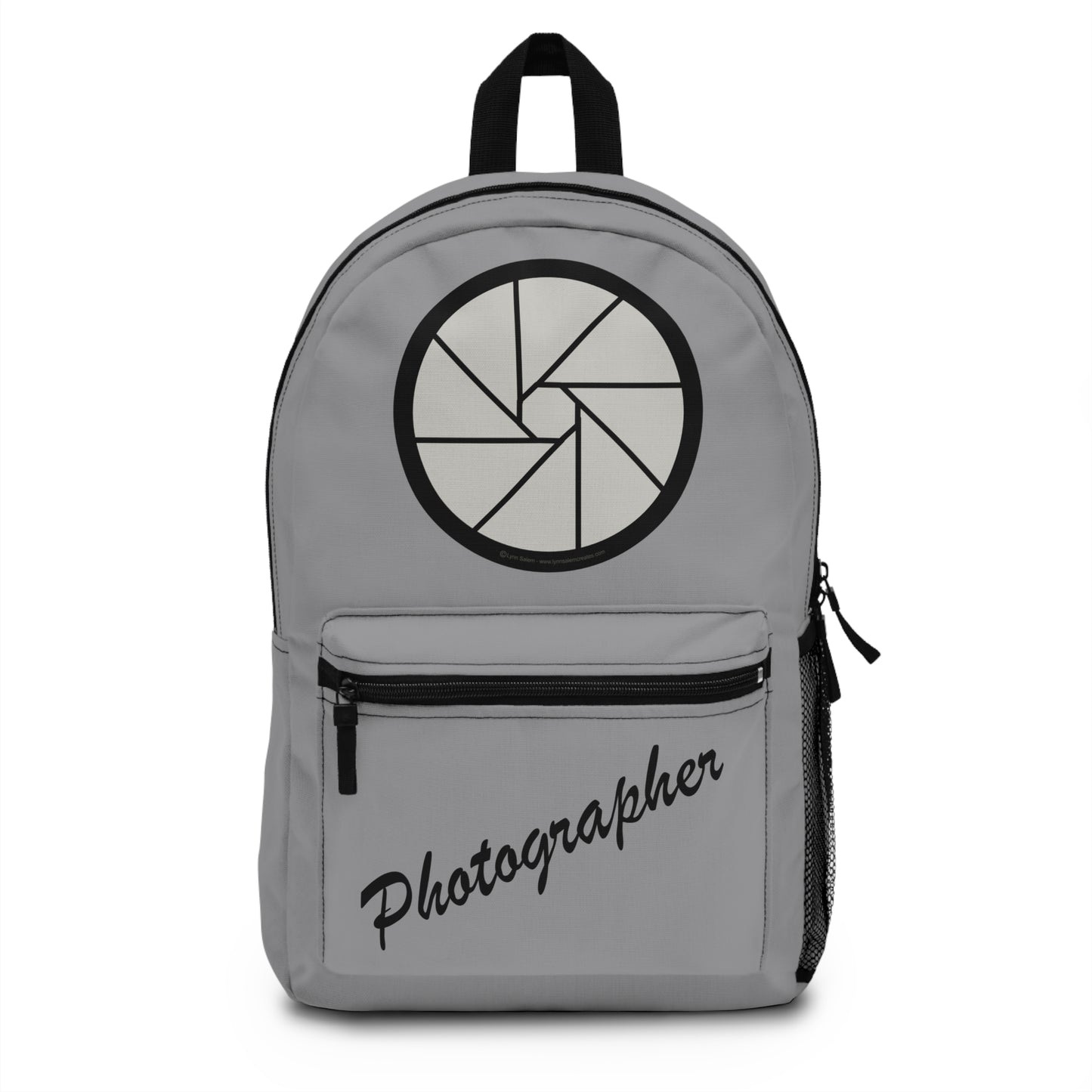 Backpack – Photographer with Camera Shutter on Grey by Lynn Salem Creates