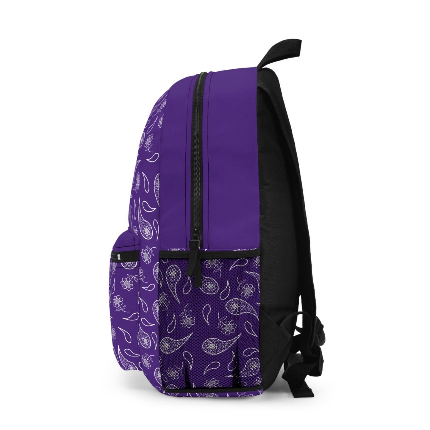 Backpack - White Paisley and Flower Print on Purple by Lynn Salem Creates