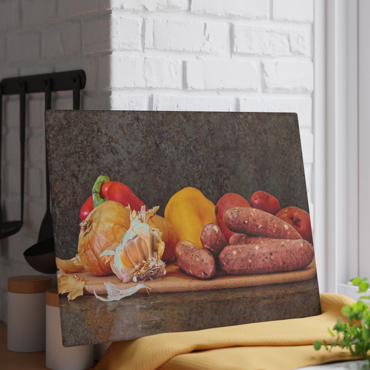 Glass Cutting Board - Sausage, Onions, Peppers (Salsiccia Peperanata) by Lynn Salem Creates