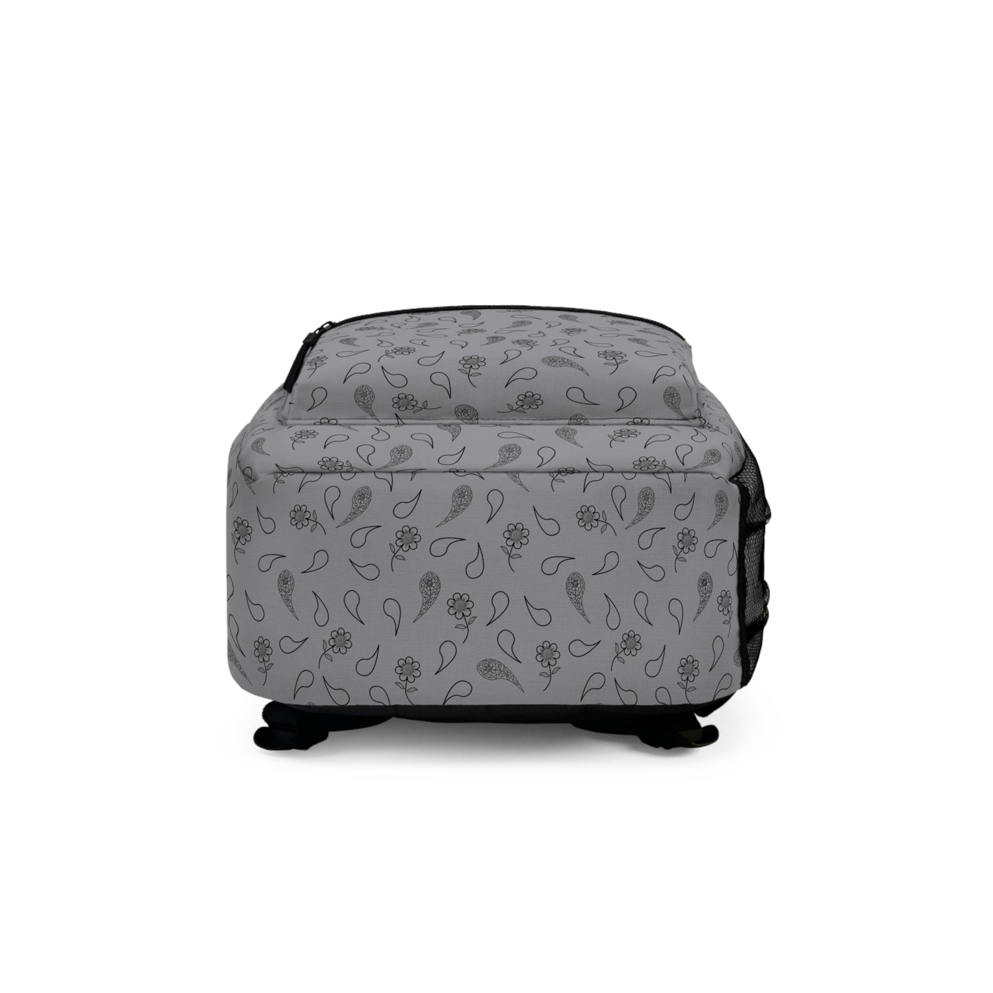 Backpack - Black Paisley and Floral Print on Grey by Lynn Salem Creates
