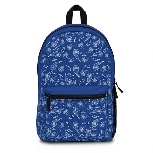 Backpack - White Paisley and Flower Print on Blue by Lynn Salem Creates