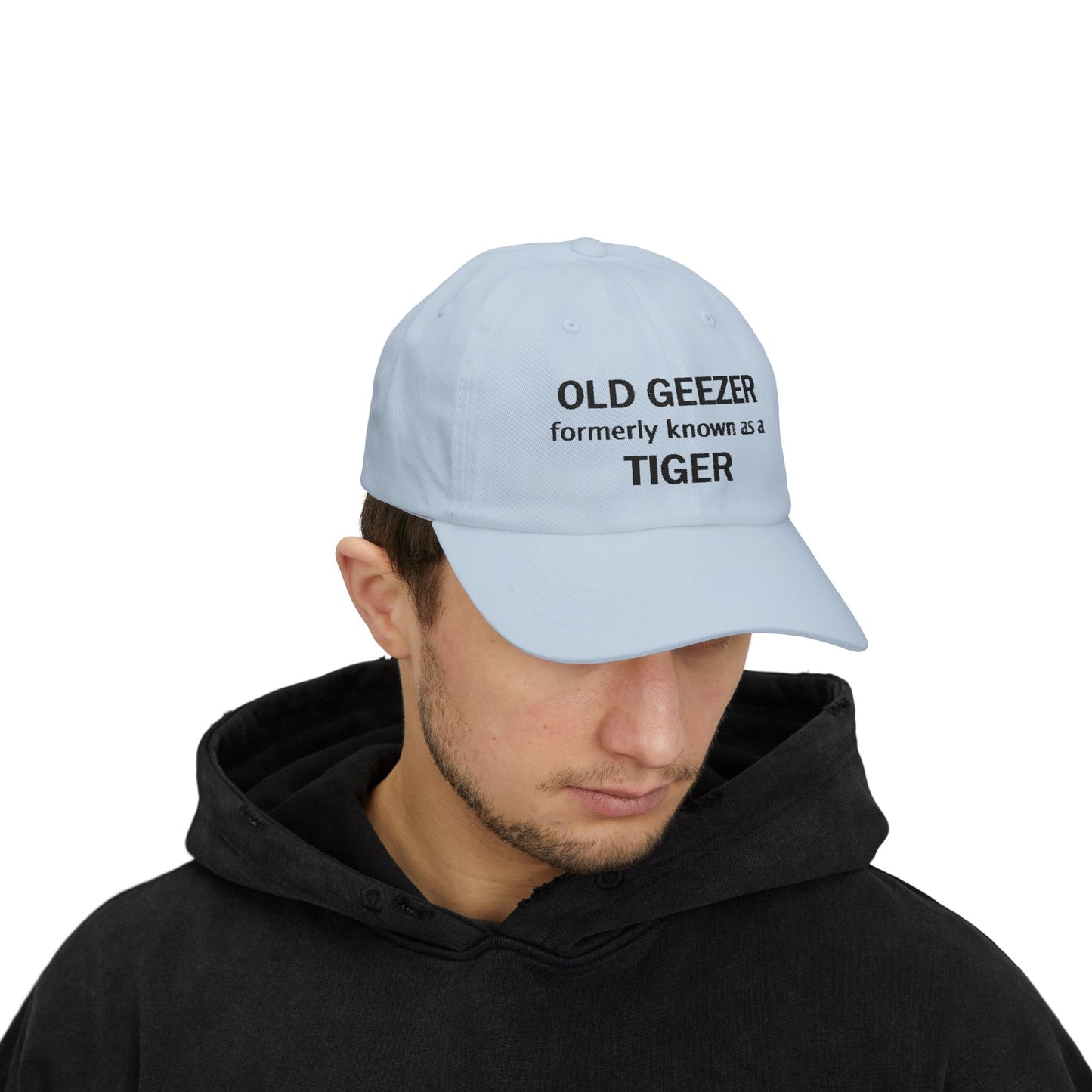 Embroidered Classic Dad Cap - Old Geezer formerly known as a Tiger - black font - designed by Lynn Salem Creates