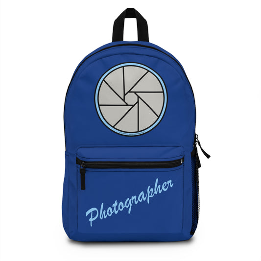 Backpack – Photographer with Camera Shutter on Blue by Lynn Salem Creates