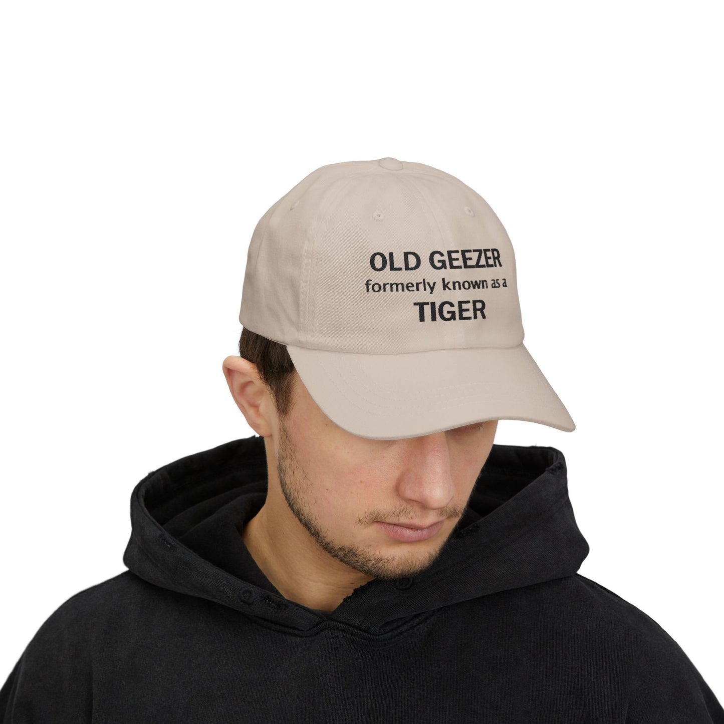 Embroidered Classic Dad Cap - Old Geezer formerly known as a Tiger - black font - designed by Lynn Salem Creates