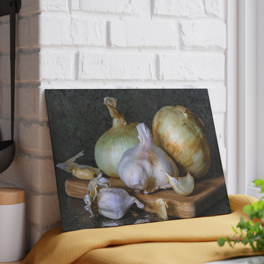Glass Cutting Board - Sweet Onions and Garlic by Lynn Salem Creates