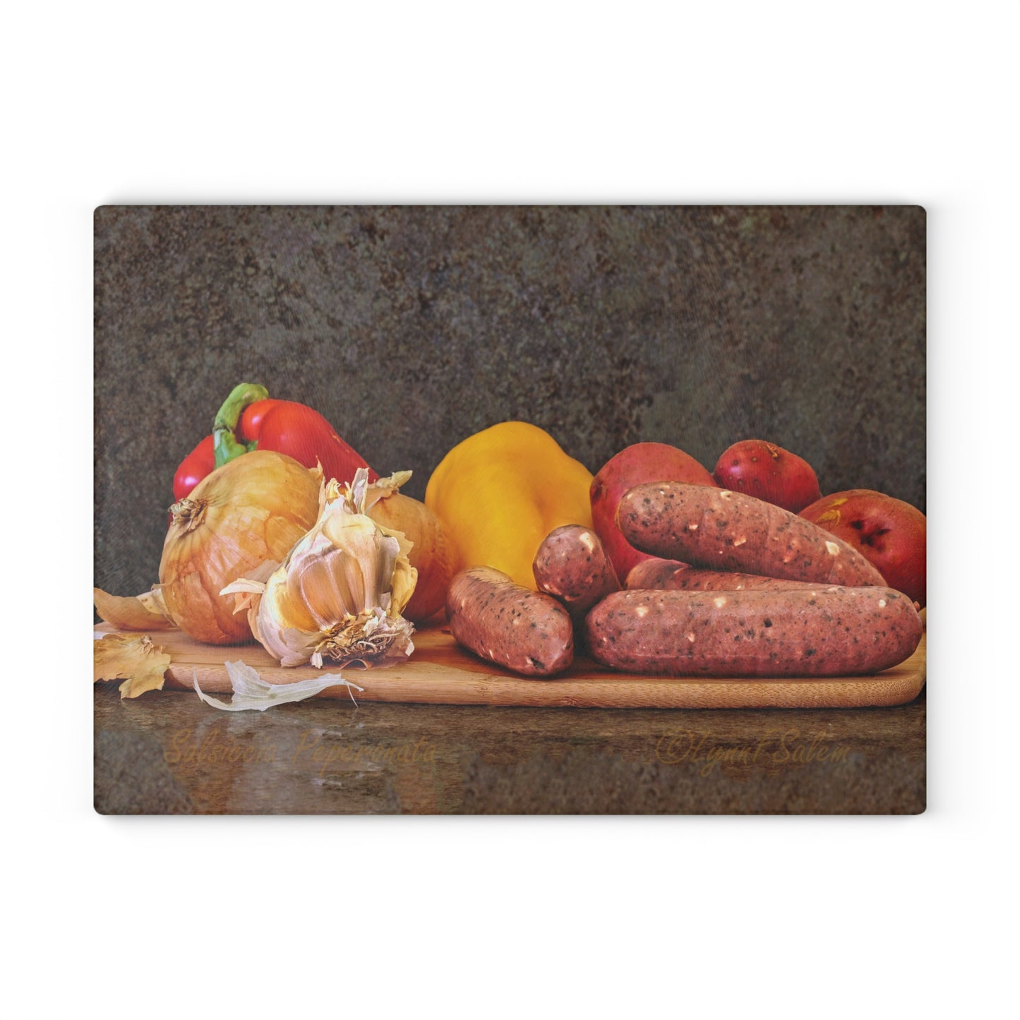 Sausage, Onions, Peppers (Salsiccia Peperanata) Glass Cutting Board by Lynn Salem Creates