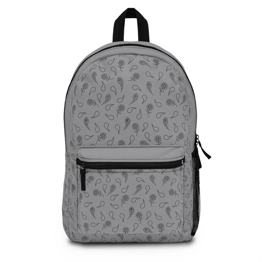 Backpack - Black Paisley and Floral Print on Grey by Lynn Salem Creates