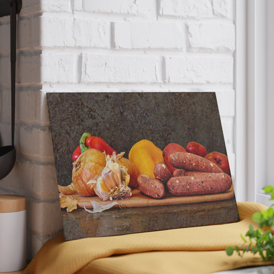 Glass Cutting Board - Sausage, Onions, Peppers (Salsiccia Peperanata) by Lynn Salem Creates