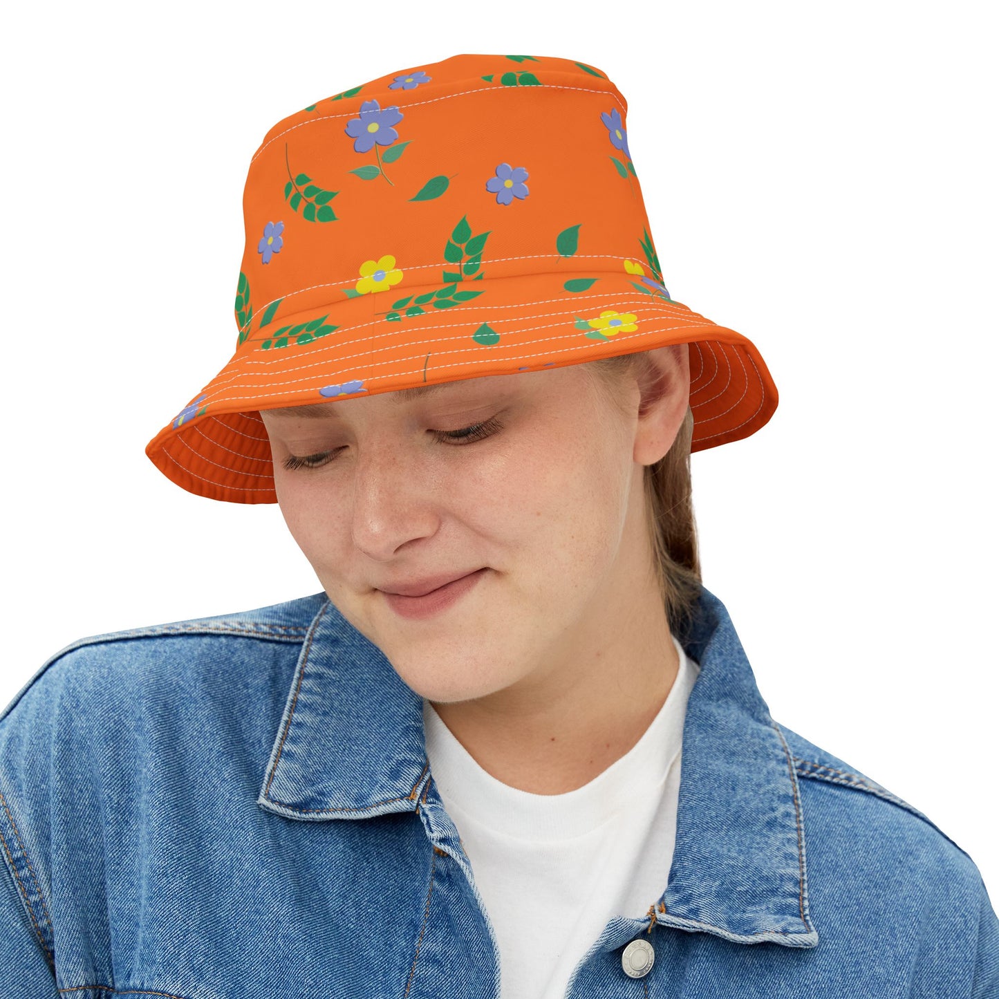 Orange Floral Design Bucket Hat by Lynn Salem Creates