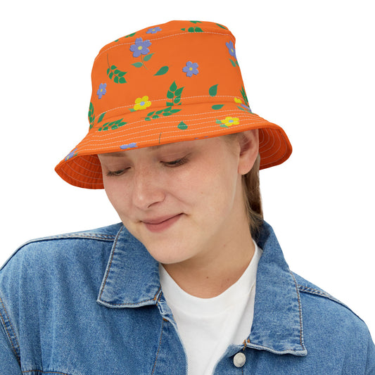 Orange Floral Design Bucket Hat by Lynn Salem Creates