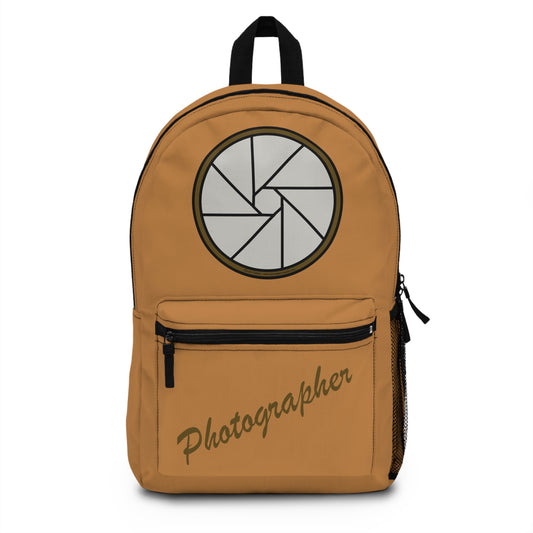 Backpack – Photographer with Camera Shutter on Light Brown by Lynn Salem Creates