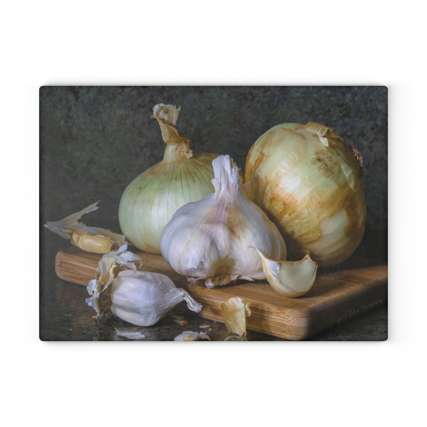 Sweet Onions and Garlic Glass Cutting Board by Lynn Salem Creates