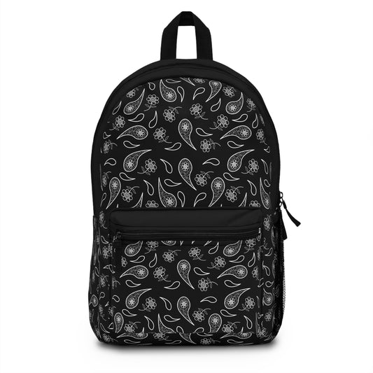Backpack - White Paisley and Flower Print on Black by Lynn Salem Creates