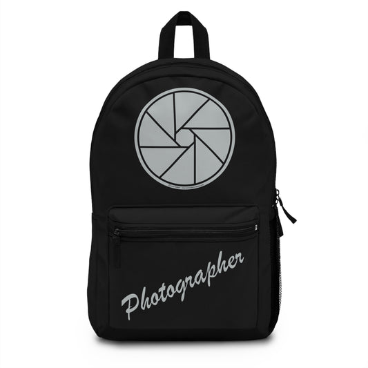 Backpack – Photographer with Camera Shutter on Black by Lynn Salem Creates