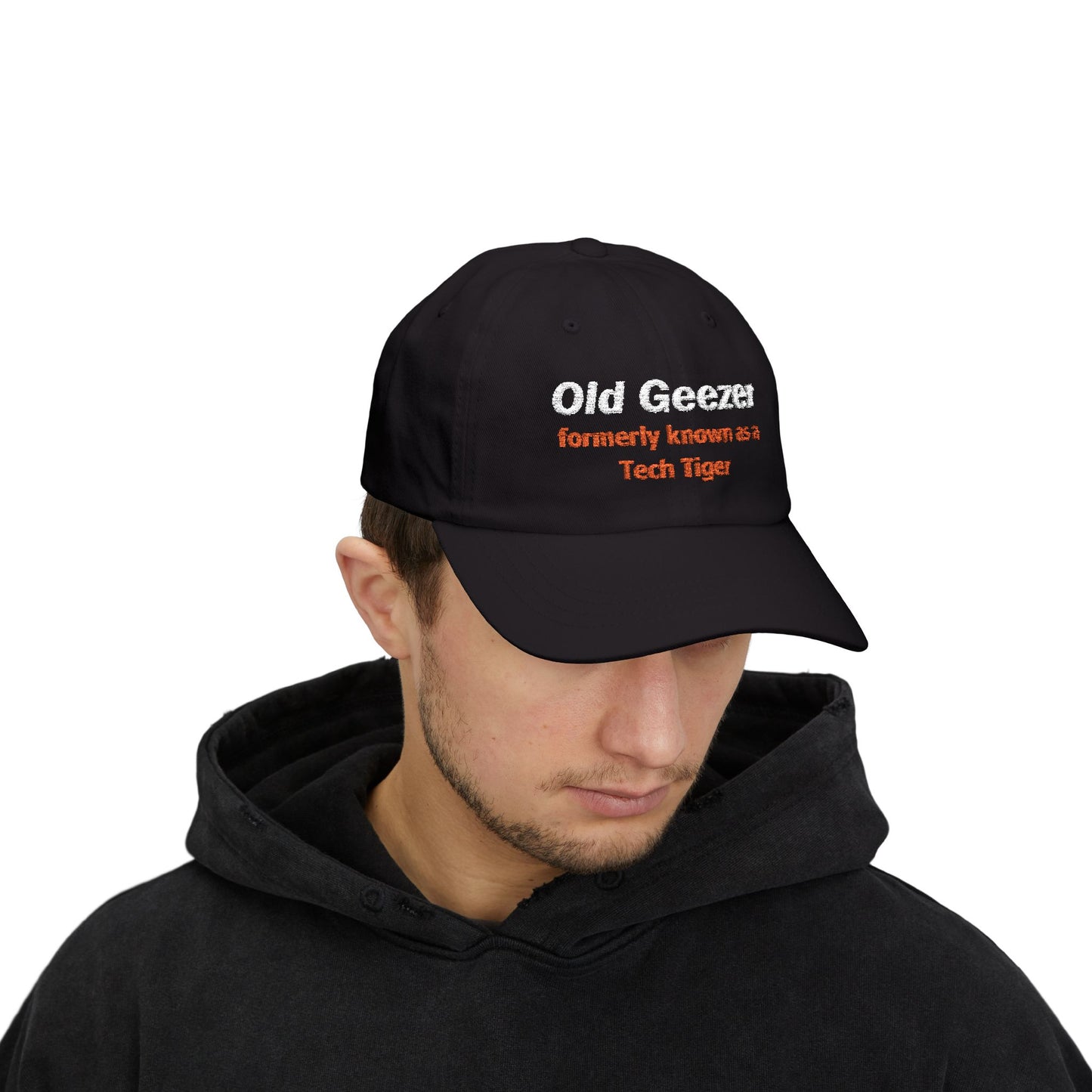 Tech HS - Embroidered Dad Hat - Old Geezer formerly known as a Tech Tiger (White & Orange Text) by Lynn Salem Creates
