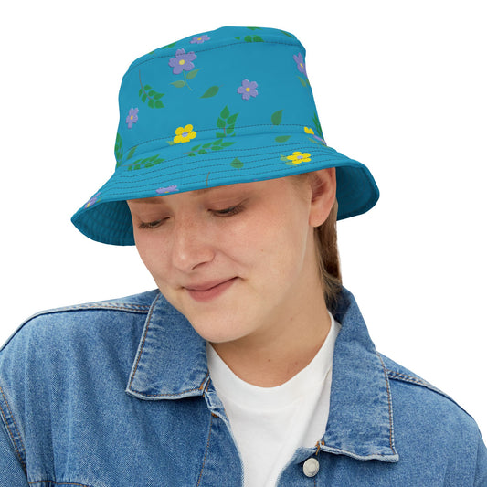 Turquoise Floral Design Bucket Hat by Lynn Salem Creates