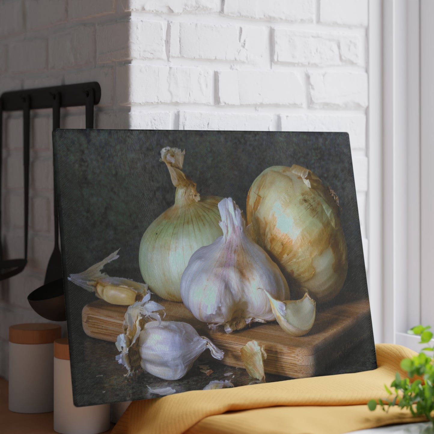 Sweet Onions and Garlic Glass Cutting Board by Lynn Salem Creates