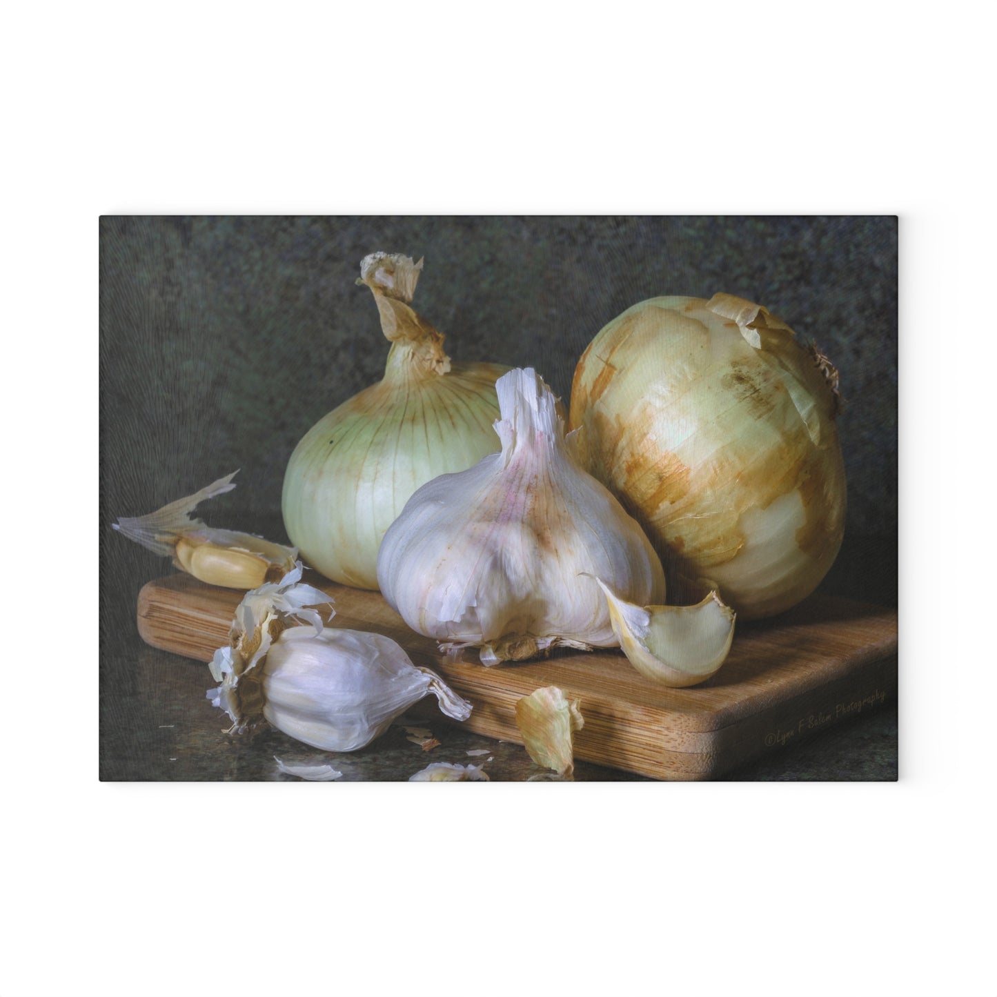 Sweet Onions and Garlic Glass Cutting Board by Lynn Salem Creates