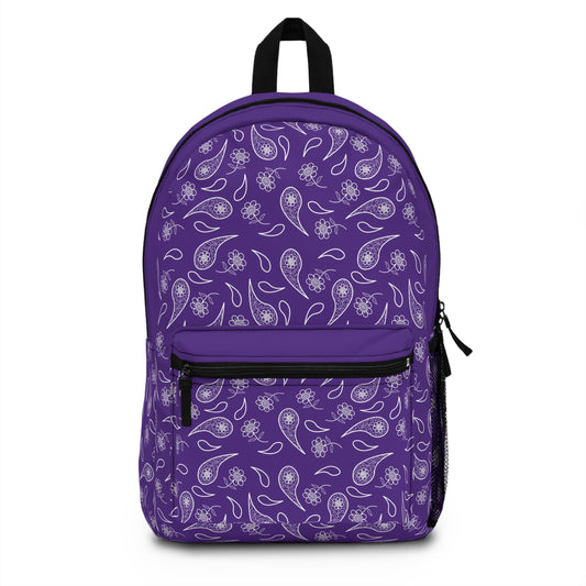 Backpack - White Paisley and Flower Print on Purple by Lynn Salem Creates