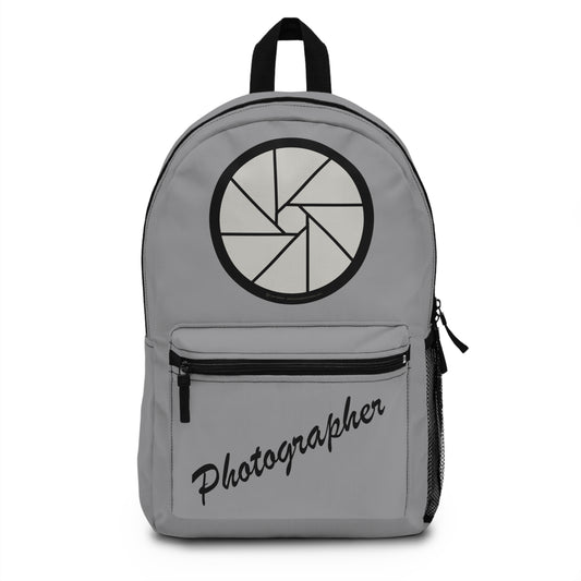 Backpack – Photographer with Camera Shutter on Grey by Lynn Salem Creates