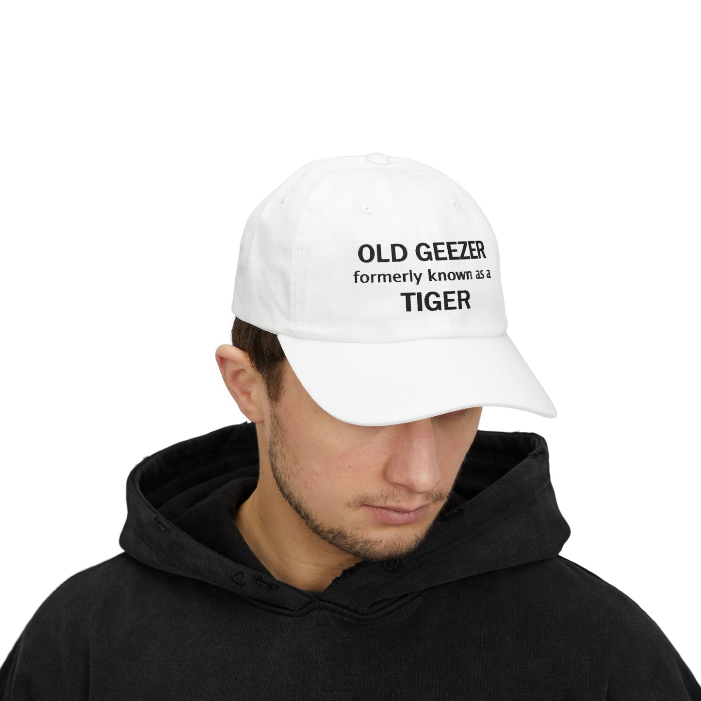 Embroidered Classic Dad Cap - Old Geezer formerly known as a Tiger - black font - designed by Lynn Salem Creates