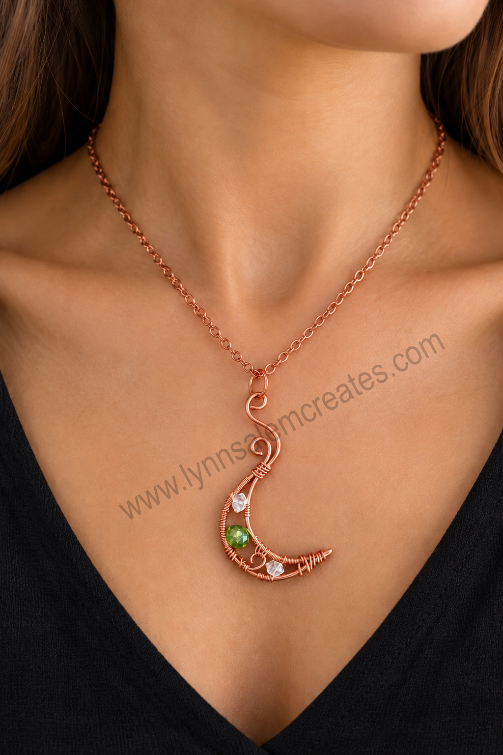 A - Copper Crescent Moon with Glass Beads Pendant Handcrafted by Lynn Salem Creates