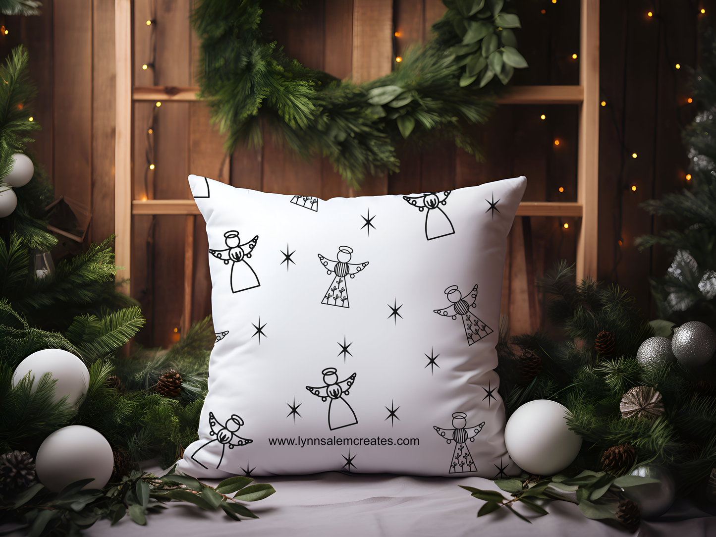 Square Pillow - Angels - Black and White by Lynn Salem Creates