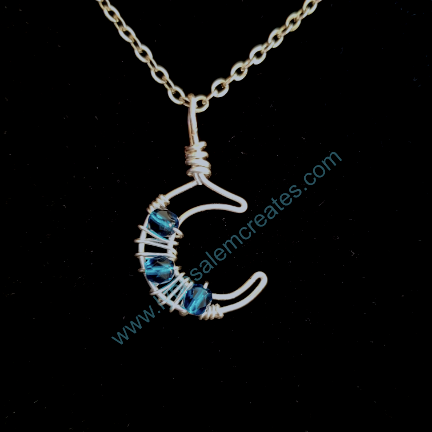 A - Copper - Silver Plated - Crescent Moon with 3 Dark Aqua Stones Handcrafted by Lynn Salem Creates